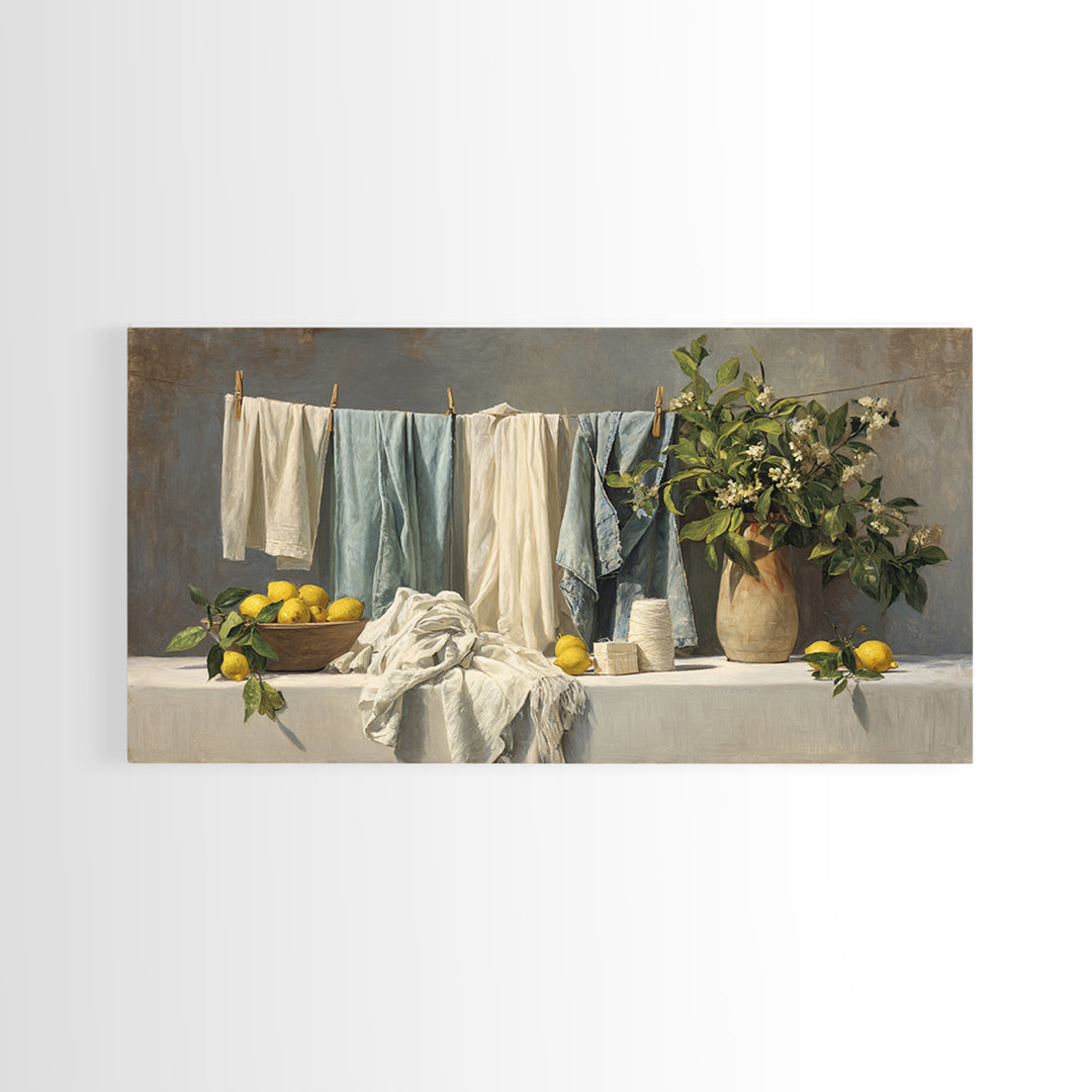 Lemon and Clean Linen Still Life Framed Canvas Print, Laundry Room Art, Digital Art Print, Living Room Decor, Fine Art, Clean, LRA-2x1-95