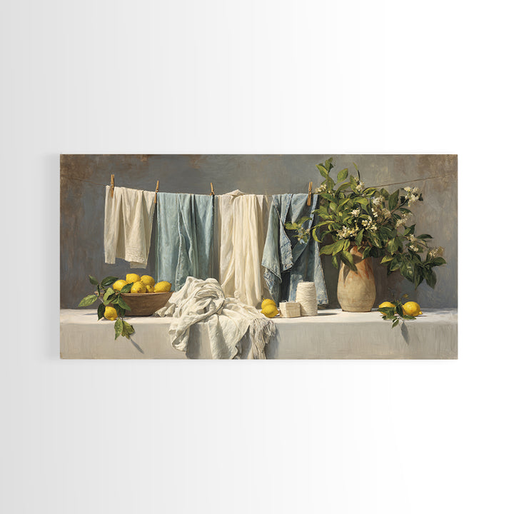 Lemon and Clean Linen Still Life Framed Canvas Print, Laundry Room Art, Digital Art Print, Living Room Decor, Fine Art, Clean, LRA-2x1-95