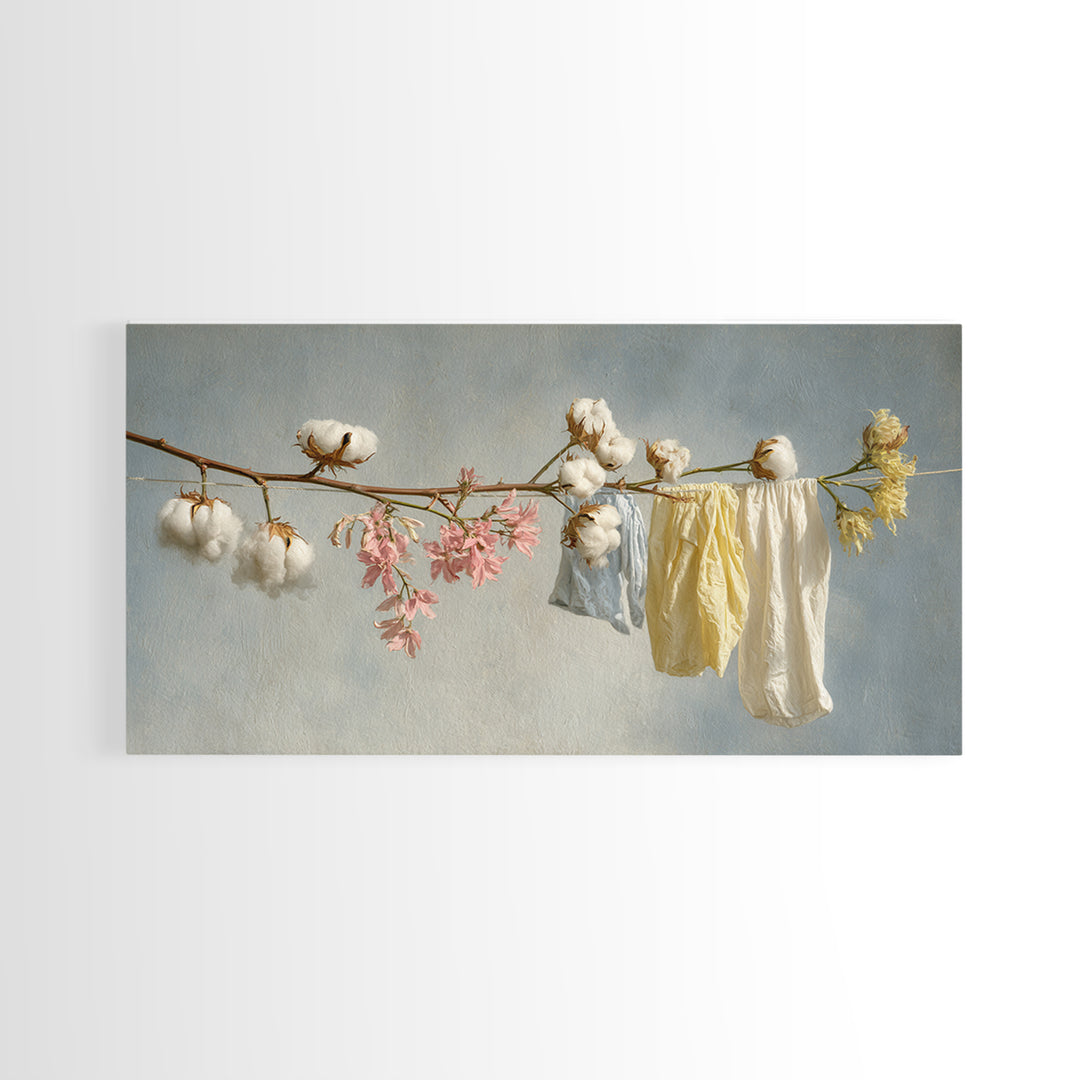 Fresh Cotton Branch Botanical Study Framed Canvas Print, Laundry Room Art, Wall Art Print, Living Room Decor, Watercolor Art, LRA-2x1-99