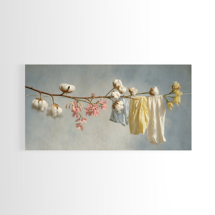 Fresh Cotton Branch Botanical Study Framed Canvas Print, Laundry Room Art, Wall Art Print, Living Room Decor, Watercolor Art, LRA-2x1-99