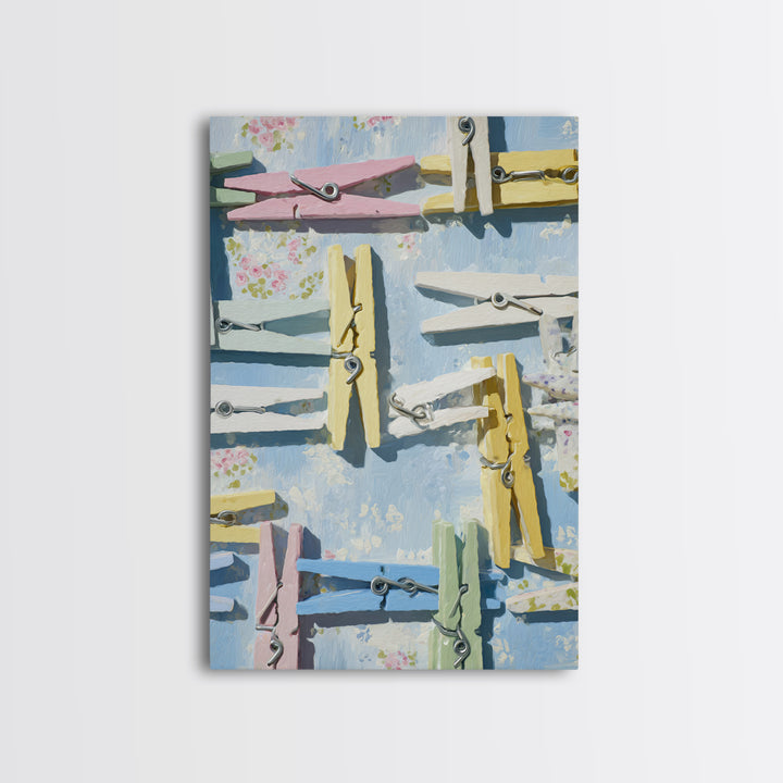 Cheerful Clothespins Arranged as Pattern Framed Canvas Print, Laundry Room Art, Minimalist Decor, Living Room Decor, LRA-2x3-12