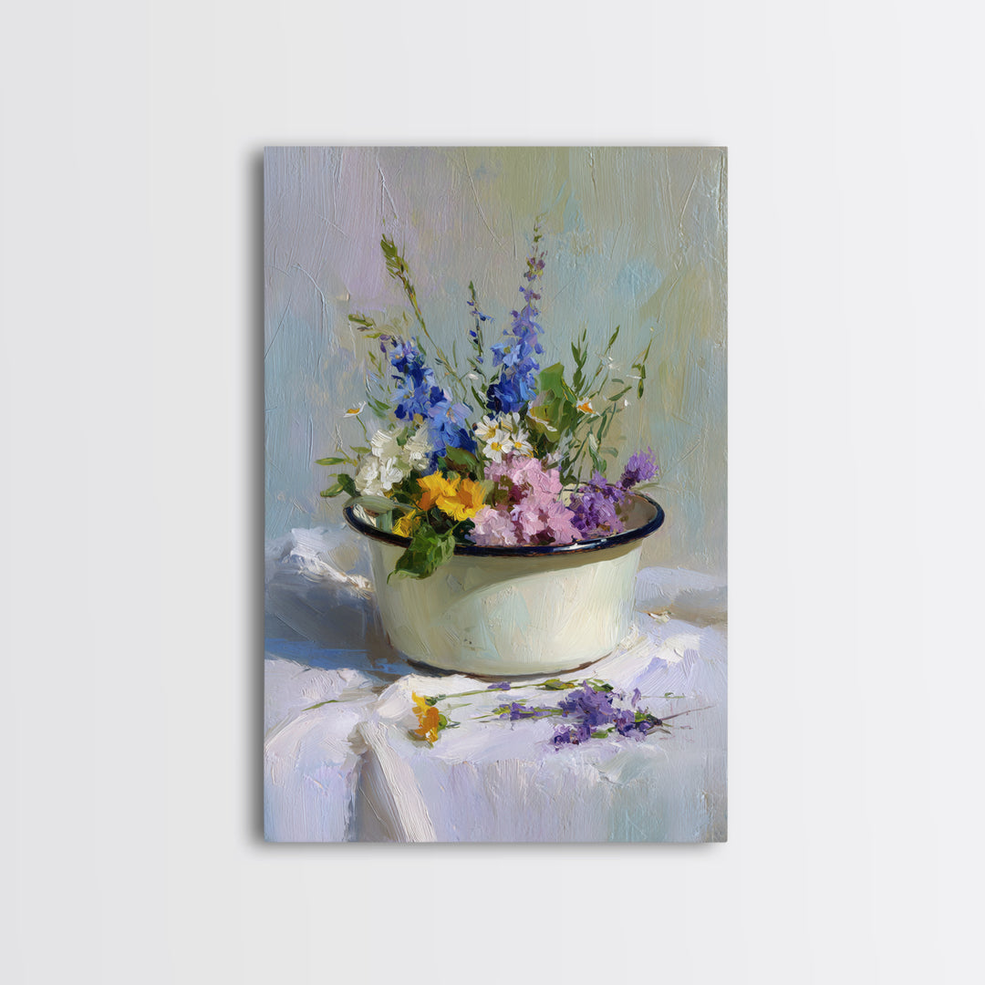 Old Enamel Basin Filled Canvas Print, Laundry Room Art, Whimsical Art, Living Room Decor, Fine Art, Clean, Statement Artwork, LRA-2x3-16