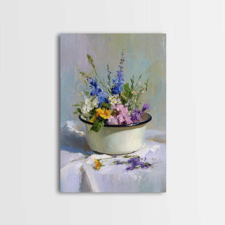 Old Enamel Basin Filled Canvas Print, Laundry Room Art, Whimsical Art, Living Room Decor, Fine Art, Clean, Statement Artwork, LRA-2x3-16