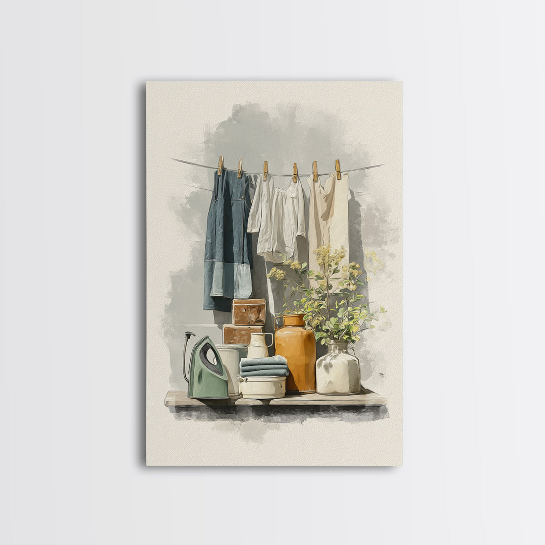 Retro Iron Illustration Framed Canvas Print, Laundry Room Art, Printable Wall Art, Living Room Decor, Abstract Art, Clean, LRA-2x3-17