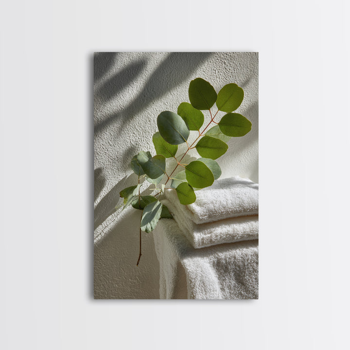 Sunlit White Towels and Eucalyptus Branch Framed Canvas Print, Laundry Room Art, Neutral Decor, Living Room Decor, LRA-2x3-19