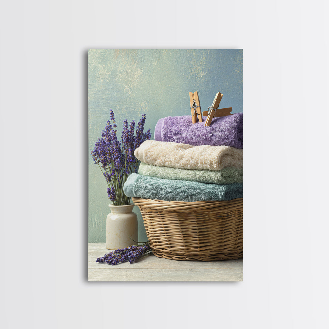 Basket of Folded Towels Framed Canvas Print, Laundry Room Art, Textured Painting, Living Room Decor, Fine Art, Clean, LRA-2x3-22