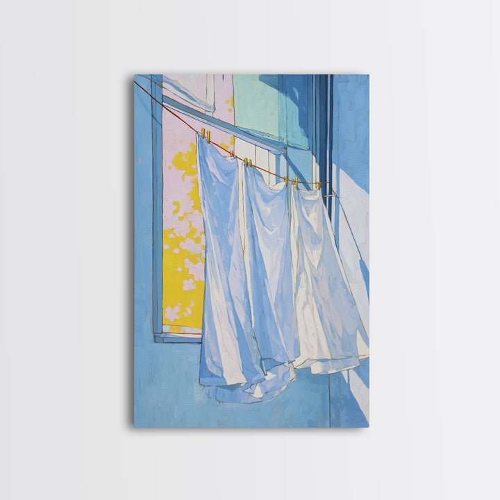 Simple Line Drawing of Hanging Laundry Framed Canvas Print, Laundry Room Art, Living Room Decor, Abstract Art, Clean, LRA-2x3-24