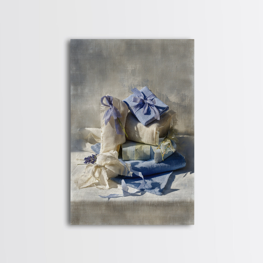 Lavender Sachet and Ribbon Still Life Framed Canvas Print, Laundry Room Art, Home Decor, Living Room Decor, Fine Art, Clean, LRA-2x3-25