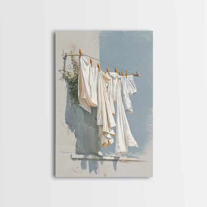 Clothesline with White Linens Blowing in Sunshine Canvas Print, Laundry Room Art, Digital Print, Living Room Decor, Clean, LRA-2x3-33