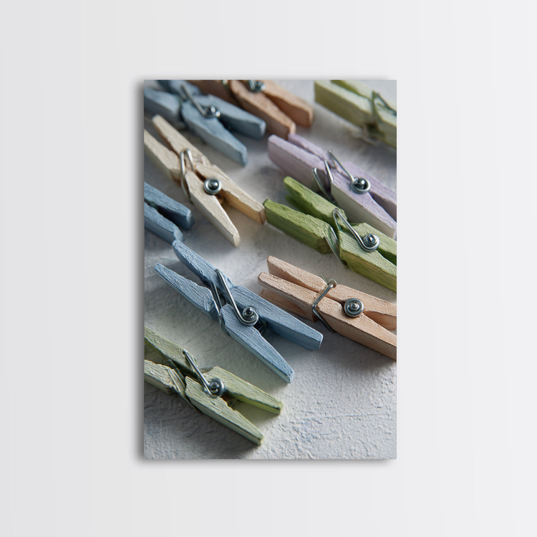 Cheerful Clothespins Arranged as Pattern Canvas Print, Laundry Room Art, Farmhouse Wall Art, Living Room Decor, Clean, LRA-2x3-36