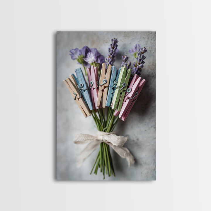 Clothespin Bouquet in Folk Art Style Framed Canvas Print, Laundry Room Art, Statement Artwork, Living Room Decor, Clean, LRA-2x3-4