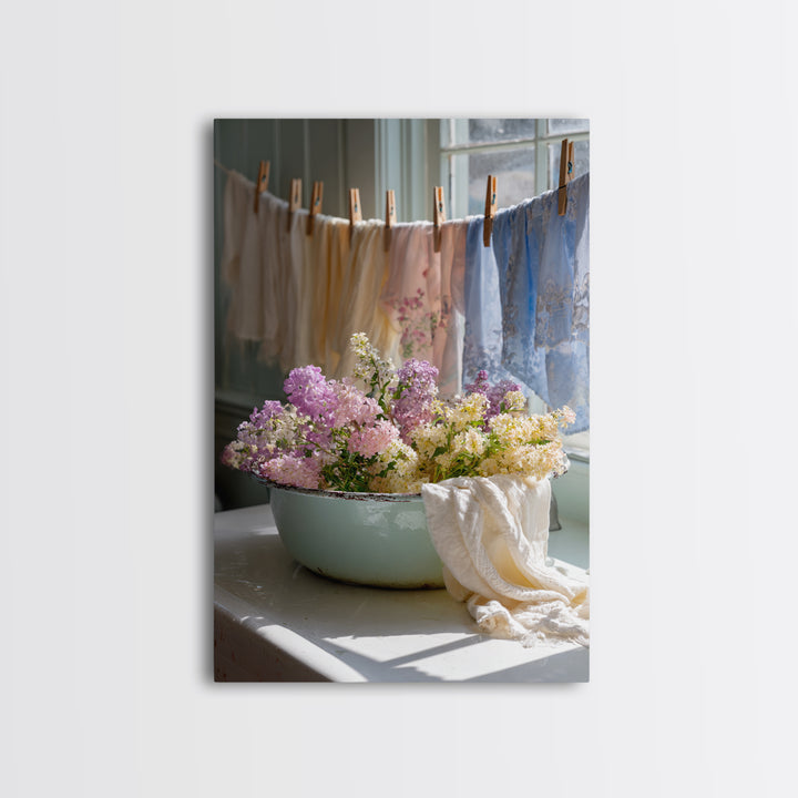 Old Enamel Basin Filled Canvas Print, Laundry Room Art, Fine Art Print, Living Room Decor, Watercolor Art, Clean, Painting, LRA-2x3-40