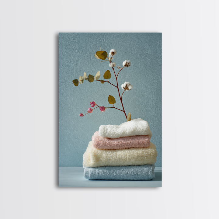 Sunlit White Towels and Eucalyptus Branch Framed Canvas Print, Laundry Room Art, Contemporary Art, Living Room Decor, Clean, LRA-2x3-43