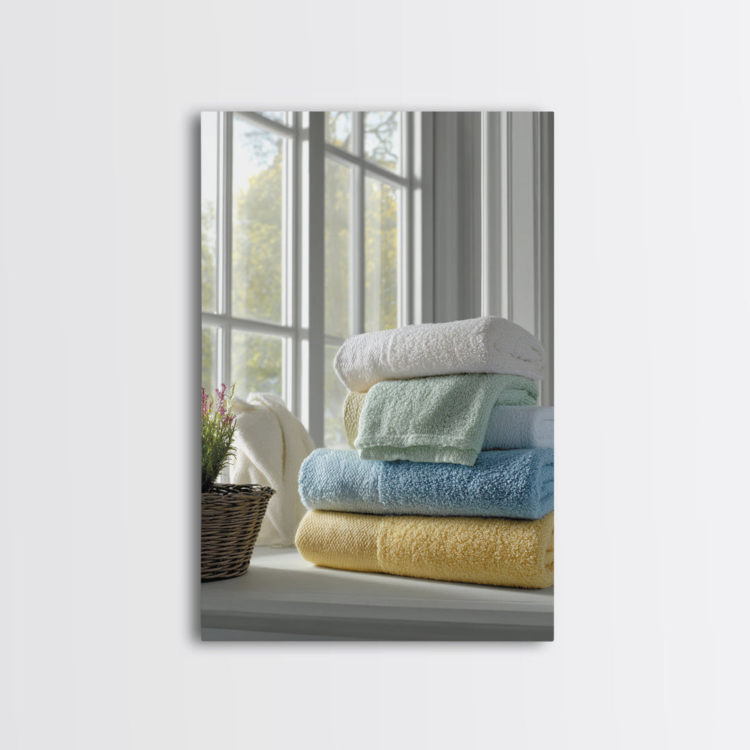 Basket of Folded Towels Framed Canvas Print, Laundry Room Art, Textured Painting, Living Room Decor, Fine Art, Clean, LRA-2x3-46