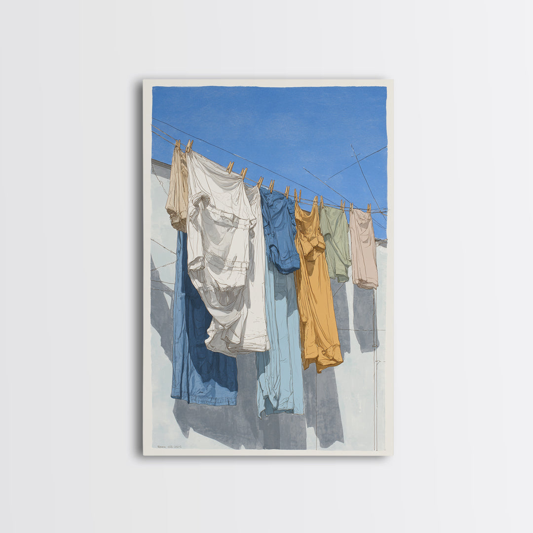 Simple Line Drawing of Hanging Laundry Framed Canvas Print, Laundry Room Art, Boho Decor, Living Room Decor, Abstract Art, LRA-2x3-48