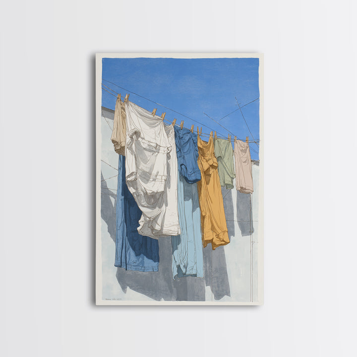 Simple Line Drawing of Hanging Laundry Framed Canvas Print, Laundry Room Art, Boho Decor, Living Room Decor, Abstract Art, LRA-2x3-48