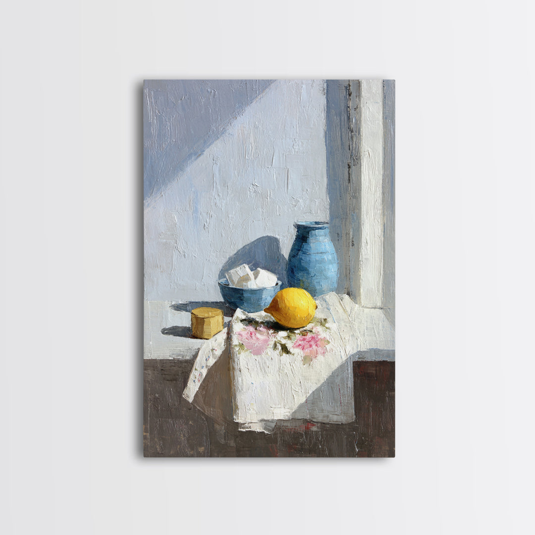 Lemon and Clean Linen Still Life Framed Canvas Print, Laundry Room Art, Digital Art, Living Room Decor, Abstract Art, Clean, LRA-2x3-59