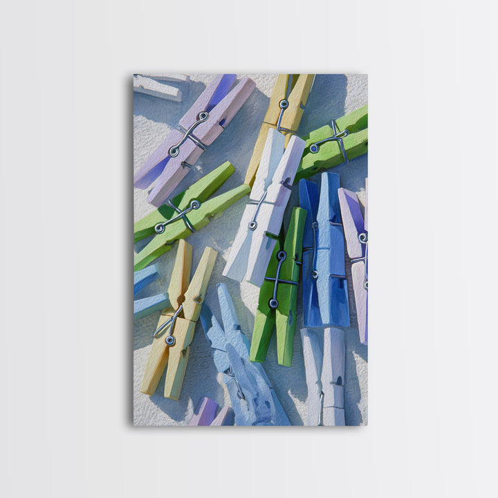 Cheerful Clothespins Arranged as Pattern Framed Canvas Print, Laundry Room Art, Home Decor, Living Room Decor, Fine Art, Clean, LRA-2x3-60