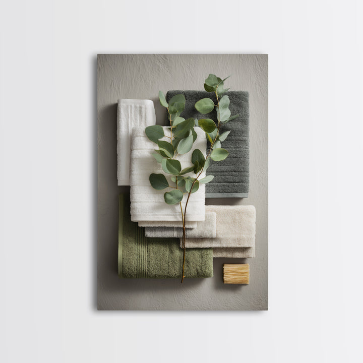 Sunlit White Towels and Eucalyptus Branch Canvas Print, Laundry Room Art, Oil Painting, Living Room Decor, Fine Art, Clean, LRA-2x3-67