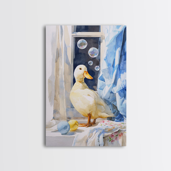 Duck and Bubbles Whimsical Watercolor Canvas Print, Laundry Room Art, Digital Wall Art, Living Room Decor, Fine Art, Clean, LRA-2x3-71