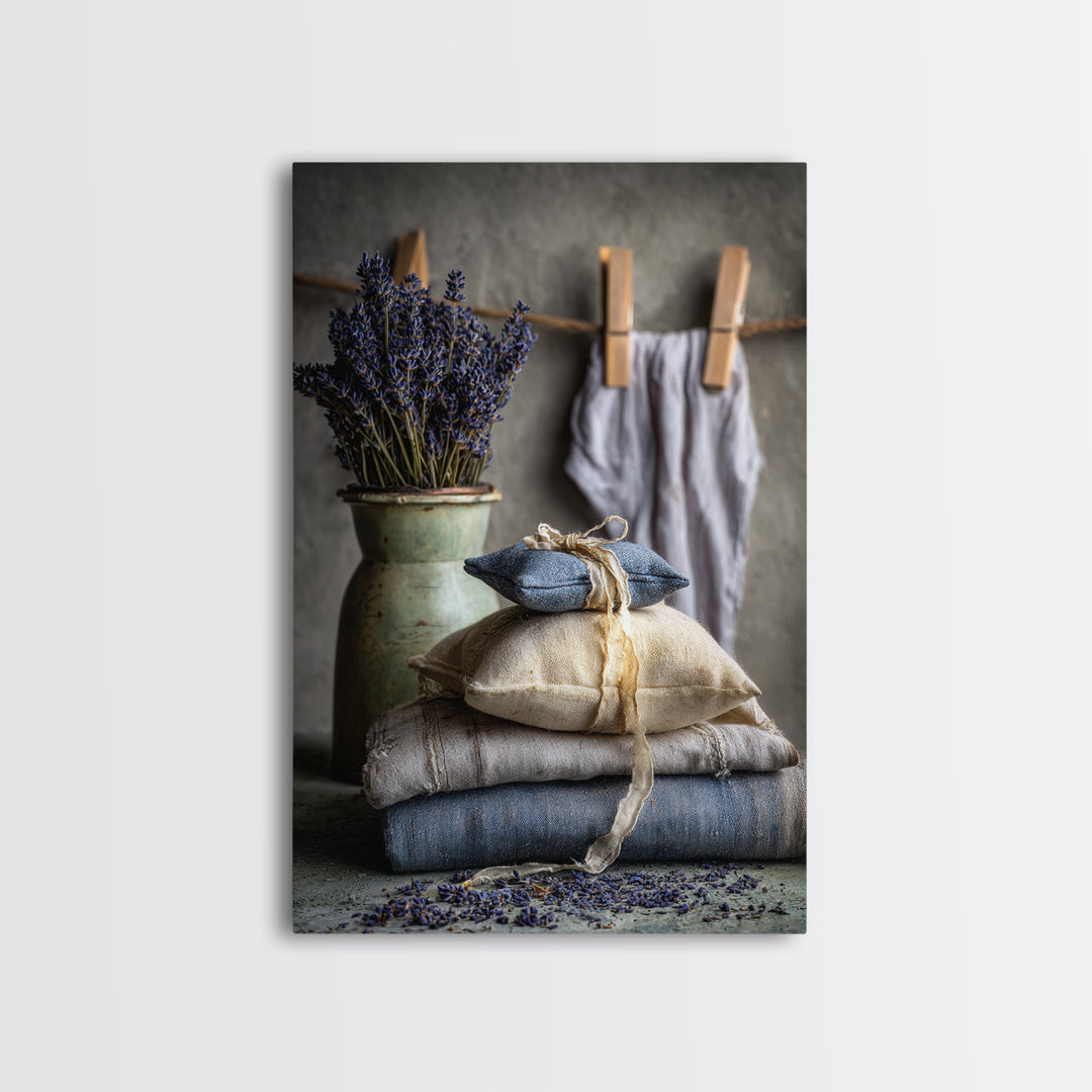 Lavender Sachet and Ribbon Still Life Framed Canvas Print, Laundry Room Art, Farmhouse Decor, Living Room Decor, Clean, LRA-2x3-73