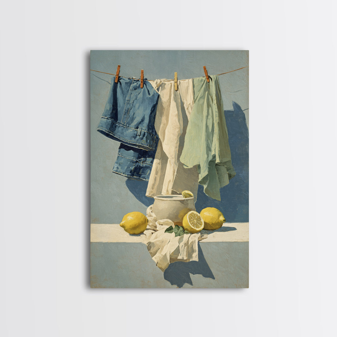 Lemon and Clean Linen Still Life Framed Canvas Print, Laundry Room Art, Wall Art Print, Living Room Decor, Fine Art, Clean, LRA-2x3-83
