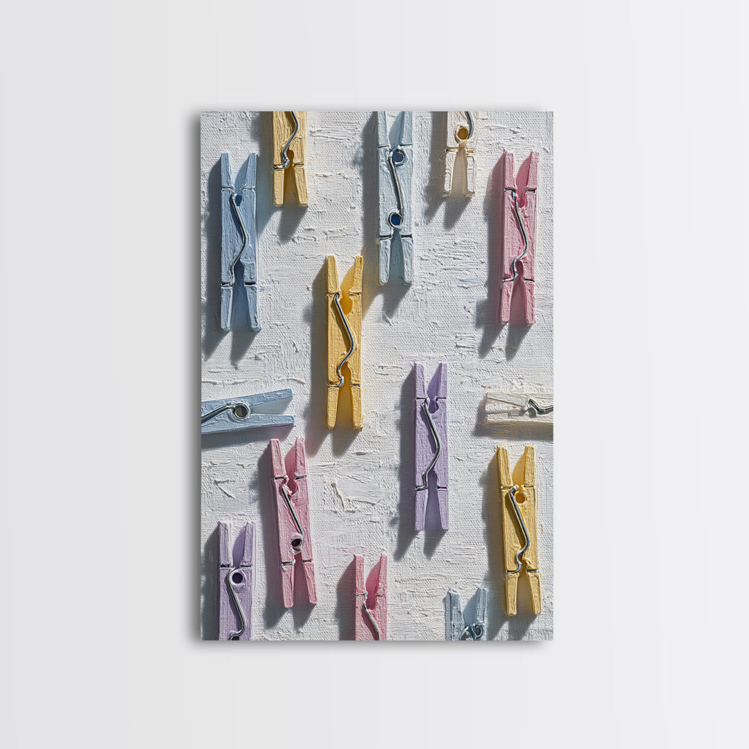 Cheerful Clothespins Arranged as Pattern Framed Canvas Print, Laundry Room Art, Downloadable Art, Living Room Decor, Clean, LRA-2x3-84