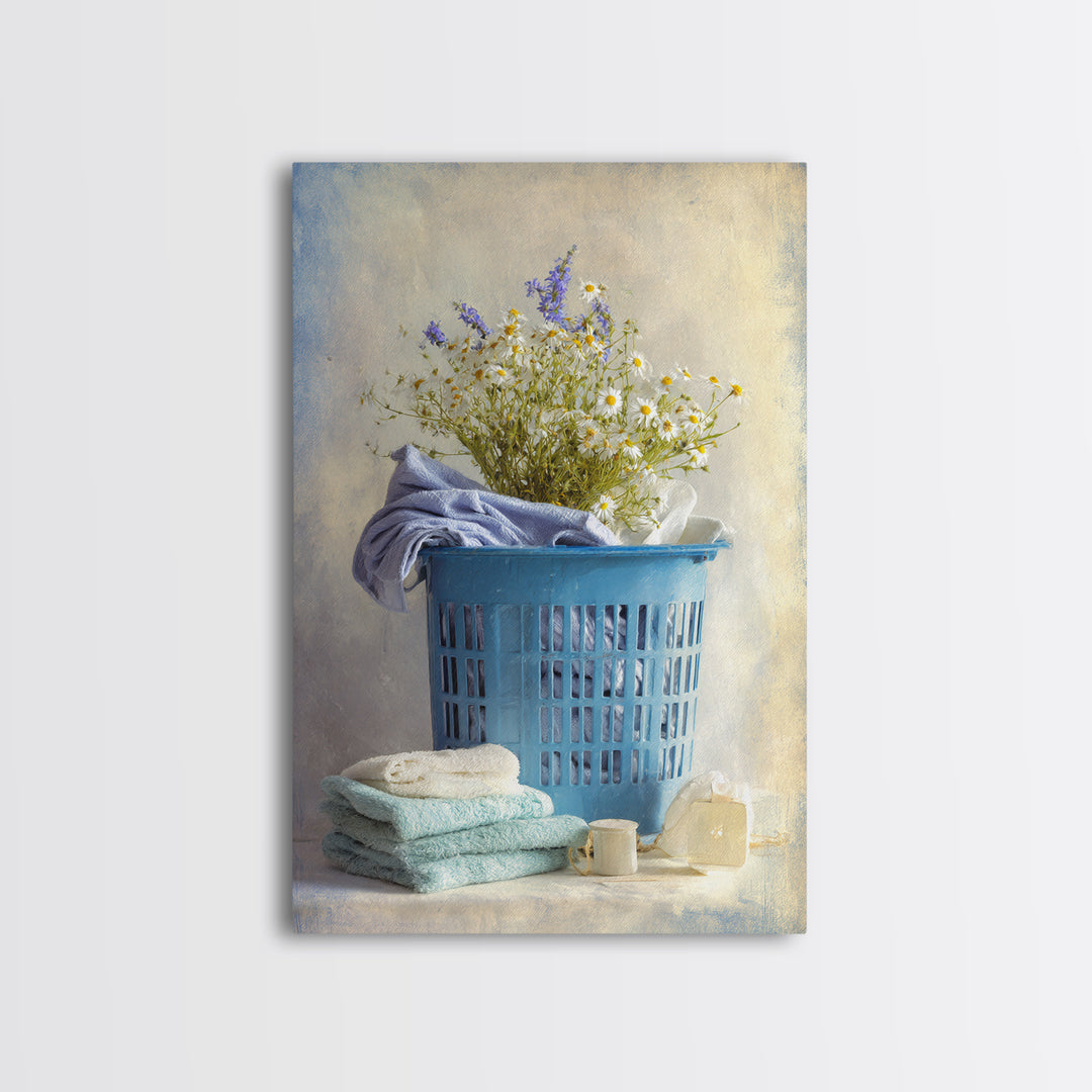Blue Laundry Basket Framed Canvas Print, Laundry Room Art, Wall Art Print, Living Room Decor, Oil Painting, Clean, LRA-2x3-85