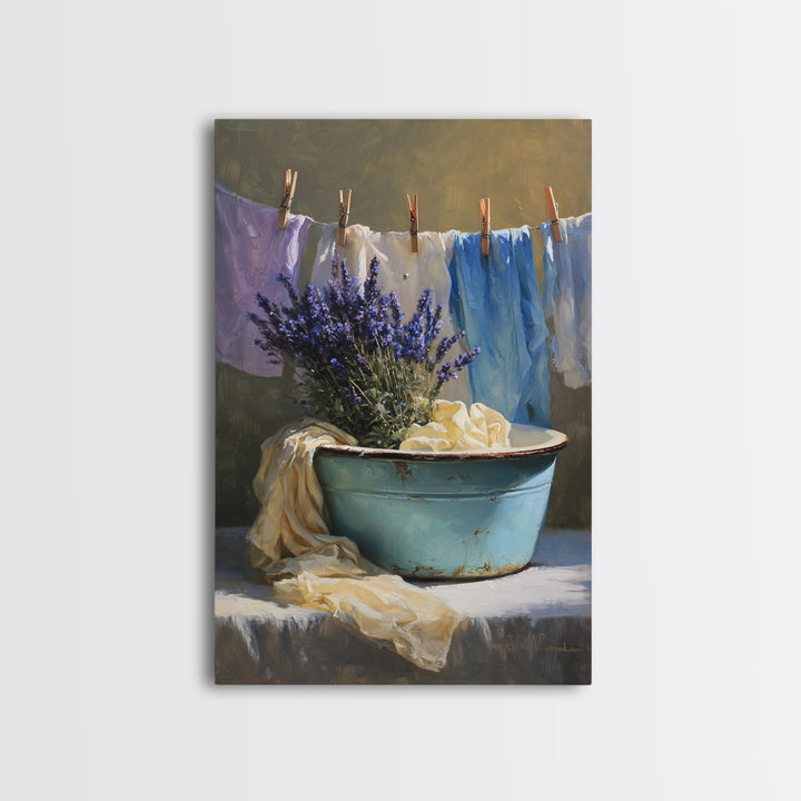 Old Enamel Basin Filled Framed Canvas Print, Laundry Room Art, Artwork, Living Room Decor, Fine Art, Clean, Minimalist Wall Art, LRA-2x3-88