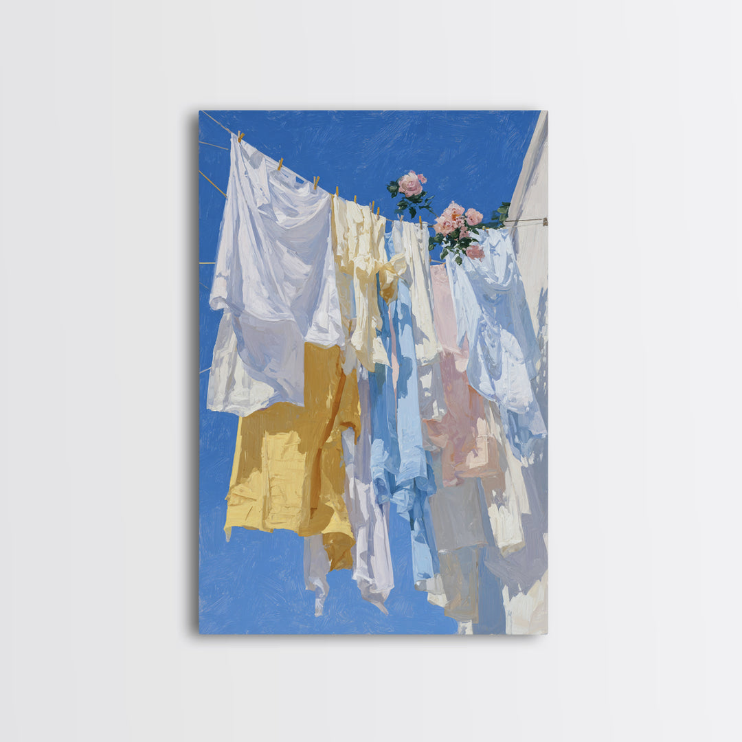 Clothesline with White Linens Blowing in Sunshine Canvas Print, Laundry Room Art, Living Room Decor, Abstract Art, Clean, LRA-2x3-9