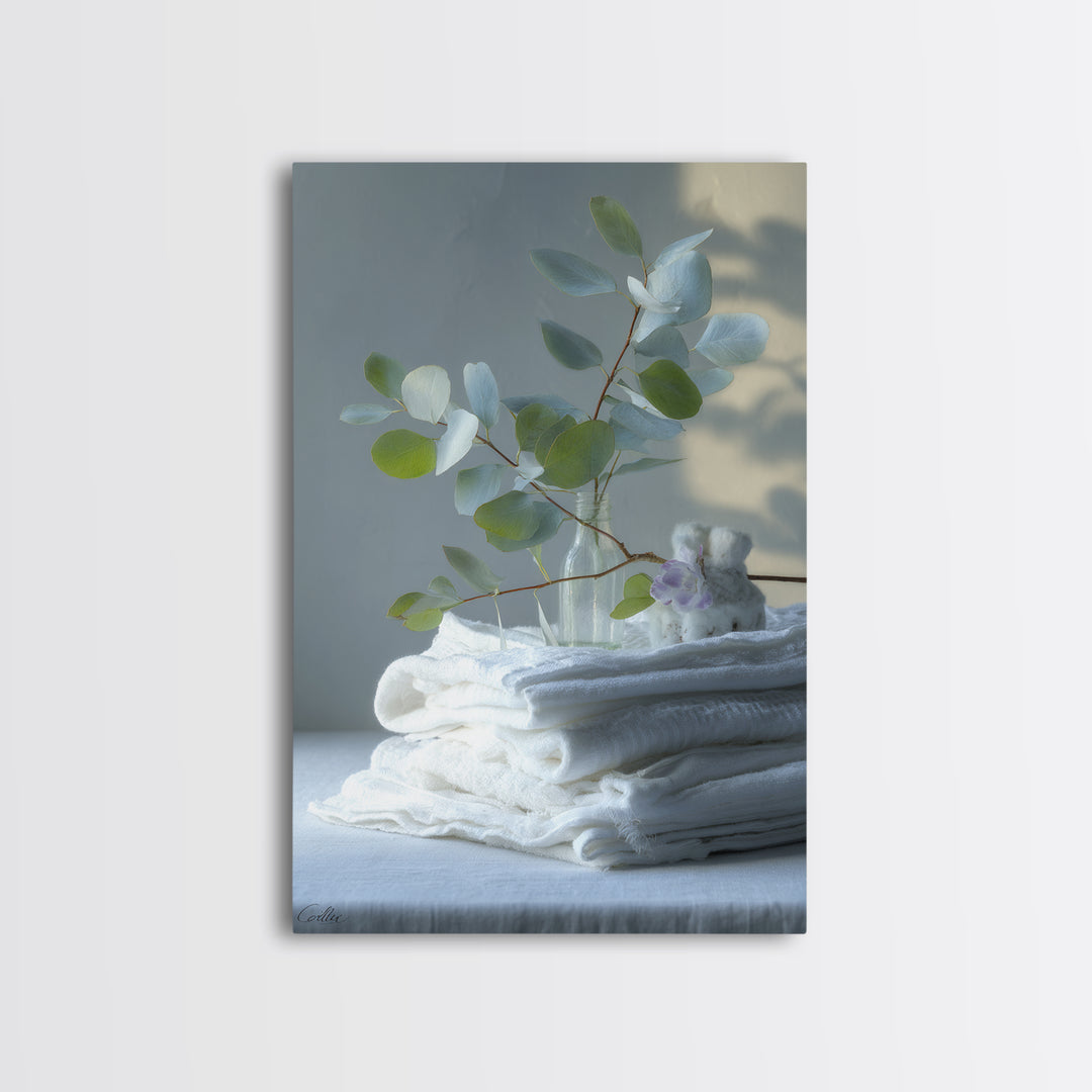 Sunlit White Towels and Eucalyptus Branch Canvas Print, Laundry Room Art, Retro Wall Art, Living Room Decor, Watercolor Art, LRA-2x3-91