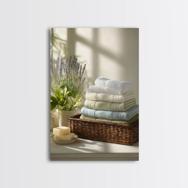 Basket of Folded Towels Framed Canvas Print, Laundry Room Art, Digital Print, Living Room Decor, Clean, Custom Wall Art, LRA-2x3-94