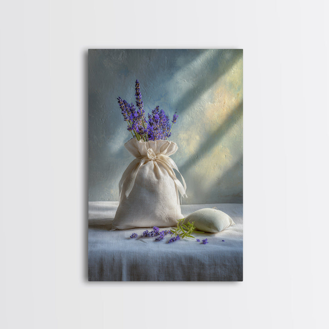 Lavender Sachet and Ribbon Still Life Framed Canvas Print, Laundry Room Art, Farmhouse Decor, Living Room Decor, Clean, LRA-2x3-97