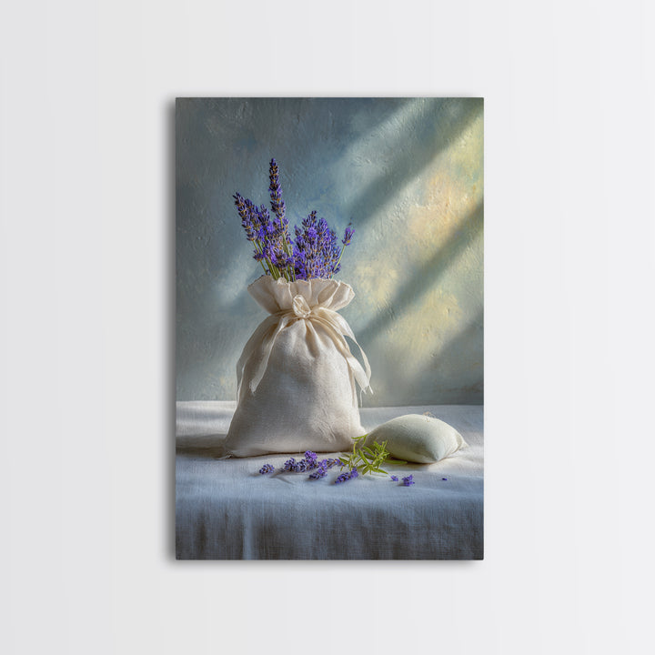 Lavender Sachet and Ribbon Still Life Framed Canvas Print, Laundry Room Art, Farmhouse Decor, Living Room Decor, Clean, LRA-2x3-97