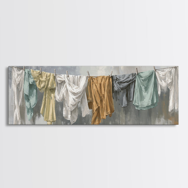 Clothesline with White Linens Blowing in Sunshine Canvas Print, Laundry Room Art, Farmhouse Wall Decor, Living Room Decor, LRA-3x1-17