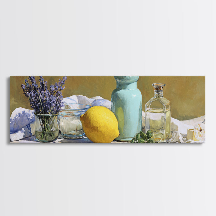 Lemon and Clean Linen Still Life Canvas Print, Laundry Room Art, Statement Artwork, Living Room Decor, Abstract Art, Clean, LRA-3x1-19