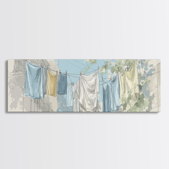 Simple Line Drawing of Hanging Laundry Framed Canvas Print, Laundry Room Art, Digital Art Print, Living Room Decor, LRA-3x1-32