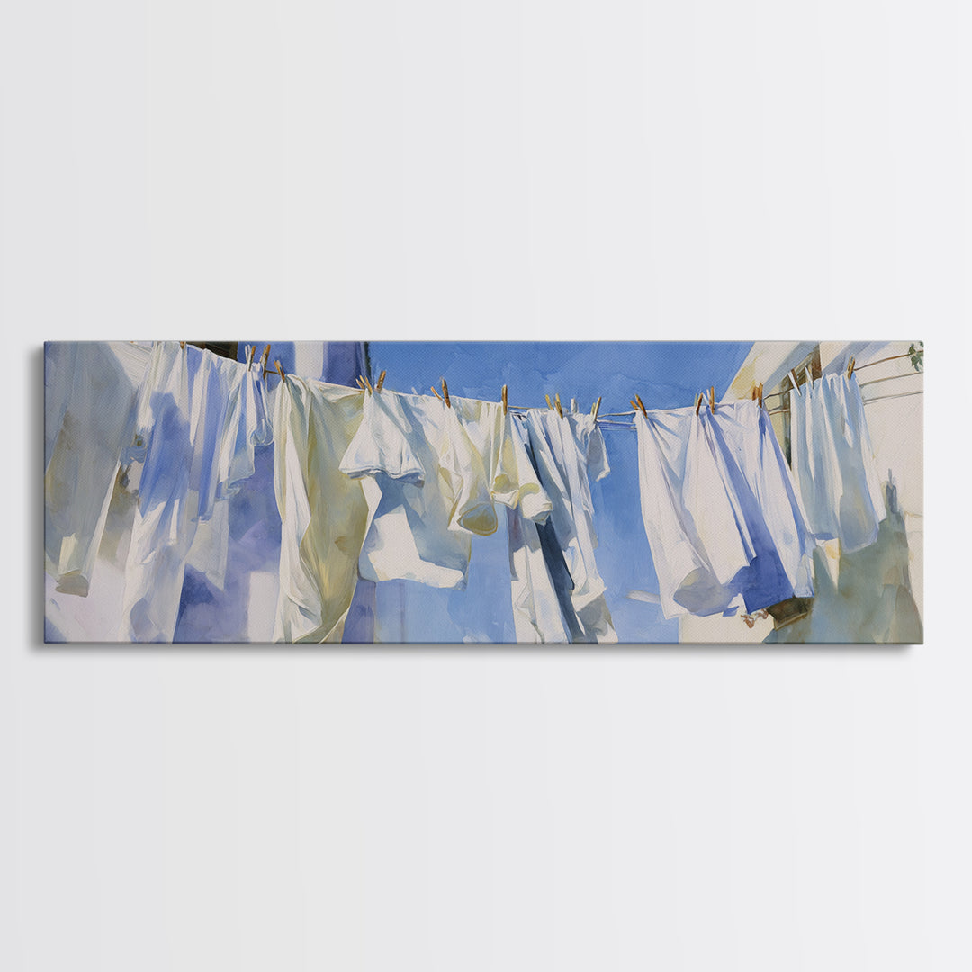 Clothesline with White Linens Blowing in Sunshine Canvas Print, Laundry Room Art, Downloadable Art, Living Room Decor, Clean, LRA-3x1-41