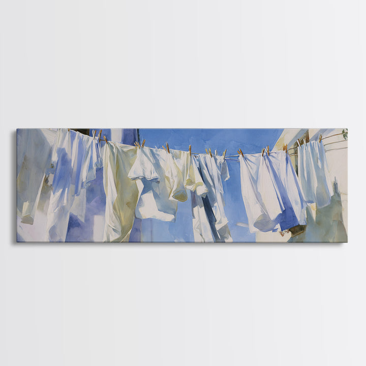 Clothesline with White Linens Blowing in Sunshine Canvas Print, Laundry Room Art, Downloadable Art, Living Room Decor, Clean, LRA-3x1-41