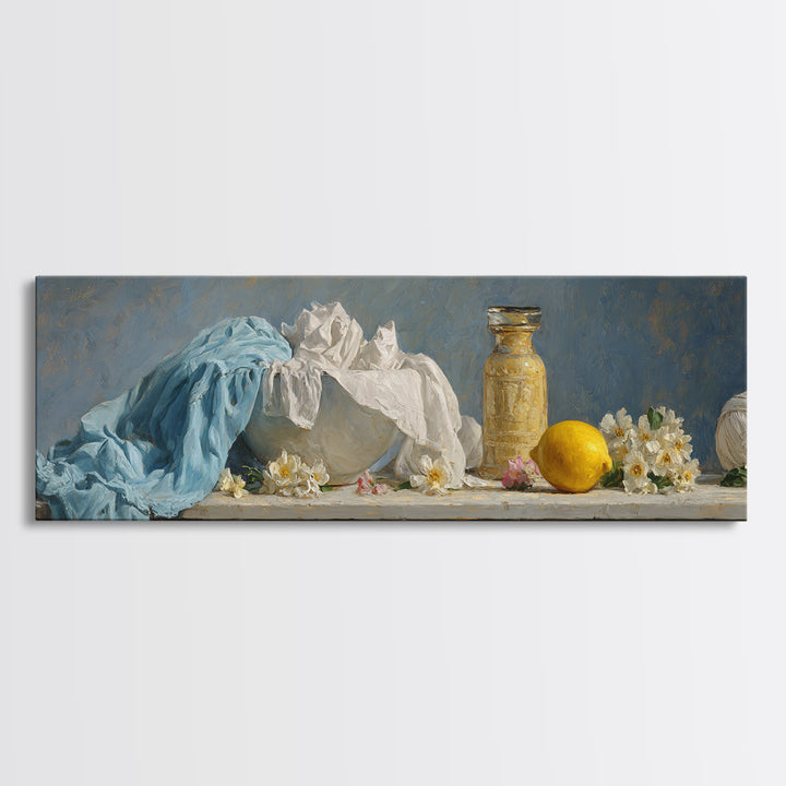 Lemon and Clean Linen Still Life Canvas Print, Laundry Room Art, Living Room Decor, Abstract Art, Clean, Wall Art Print, LRA-3x1-43