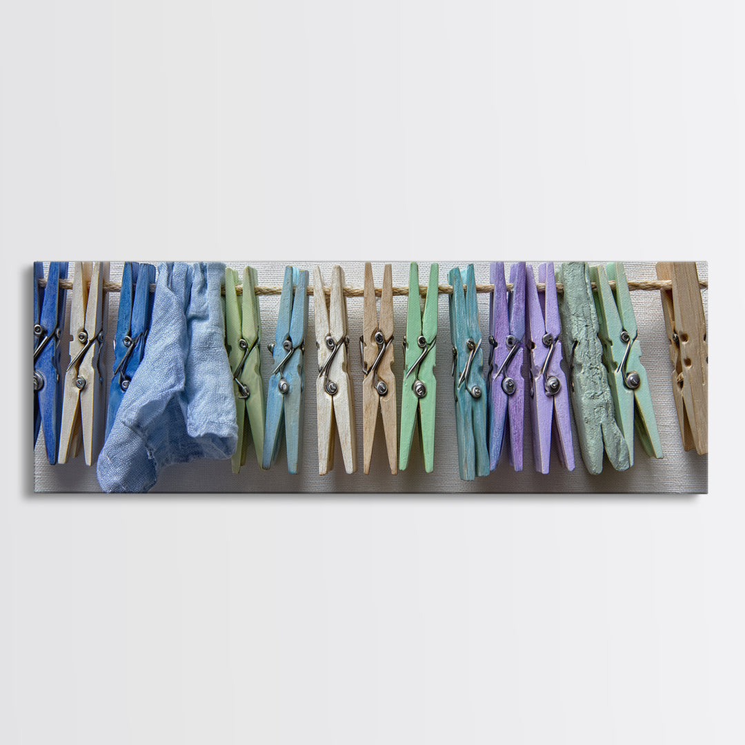 Cheerful Clothespins Arranged as Pattern Framed Canvas Print, Laundry Room Art, Neutral Decor, Living Room Decor, Clean, LRA-3x1-44