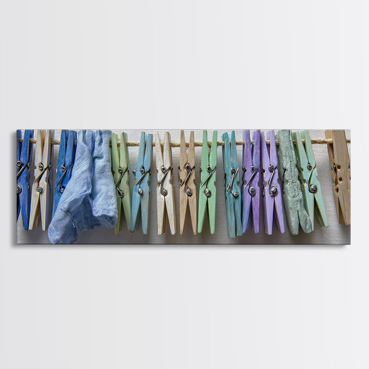 Cheerful Clothespins Arranged as Pattern Framed Canvas Print, Laundry Room Art, Neutral Decor, Living Room Decor, Clean, LRA-3x1-44