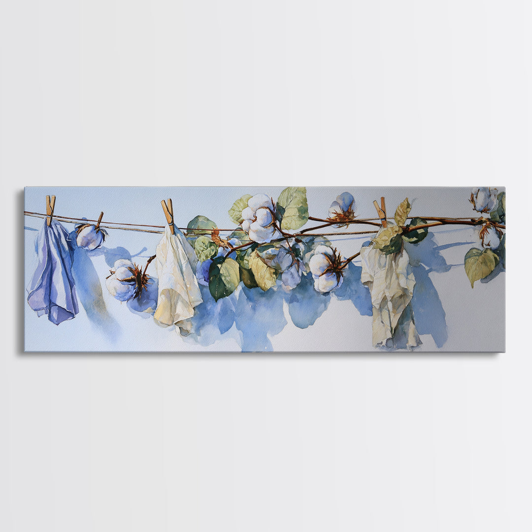 Fresh Cotton Branch Botanical Study Framed Canvas Print, Laundry Room Art, Digital Art, Living Room Decor, Fine Art, Clean, LRA-3x1-47