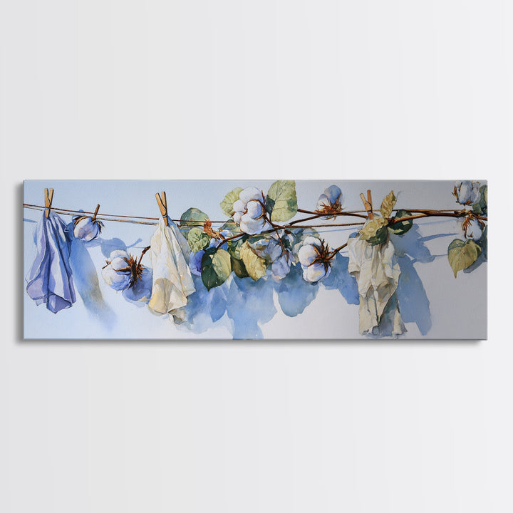 Fresh Cotton Branch Botanical Study Framed Canvas Print, Laundry Room Art, Digital Art, Living Room Decor, Fine Art, Clean, LRA-3x1-47