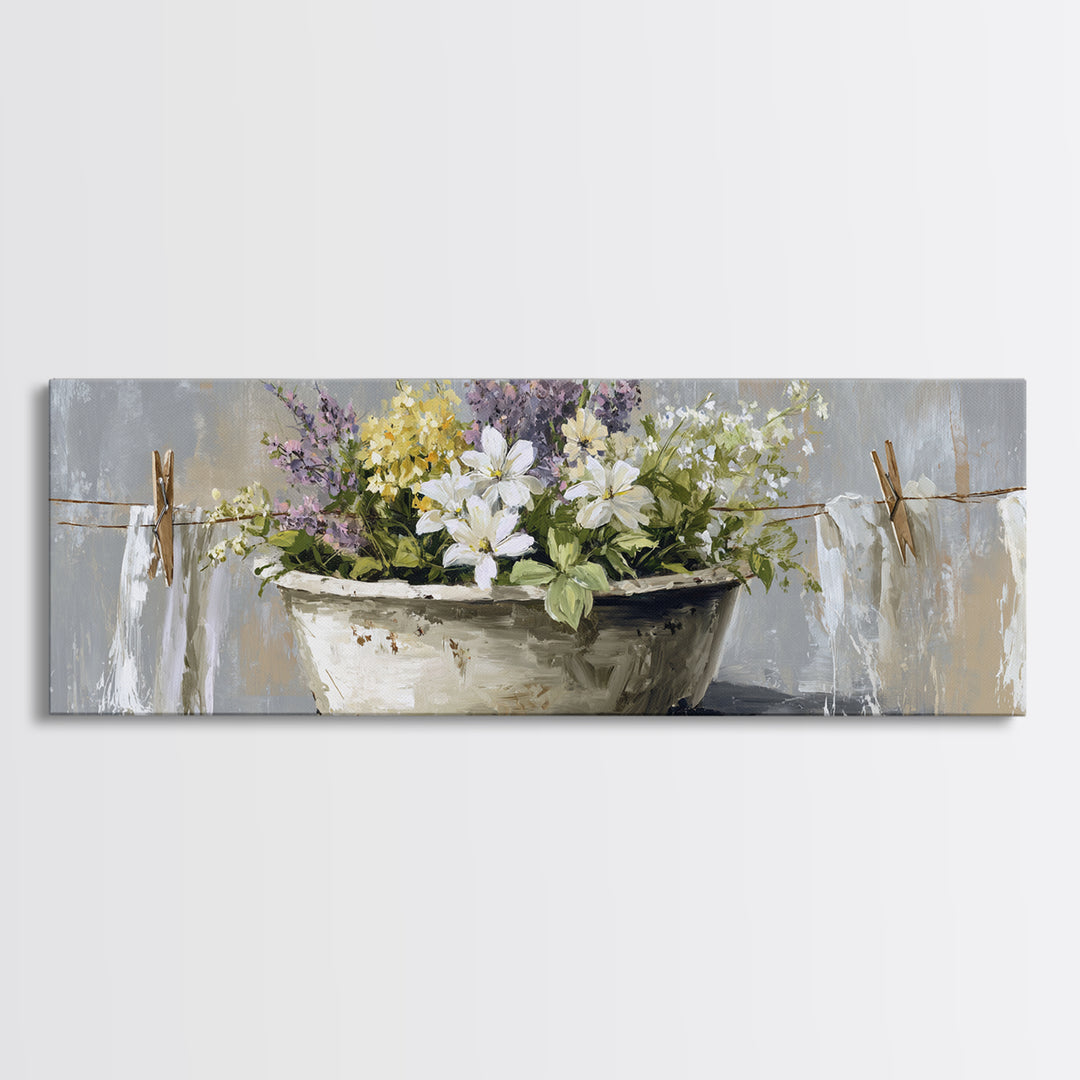 Old Enamel Basin Filled Canvas Print, Laundry Room Art, Art Print, Living Room Decor, Fine Art, Clean, Artwork, Digital Print, LRA-3x1-48