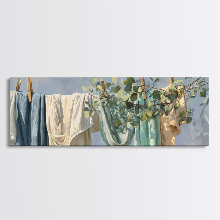 Sunlit White Towels and Eucalyptus Branch Canvas Print, Laundry Room Art, Printable Wall Art, Living Room Decor, Clean, LRA-3x1-51