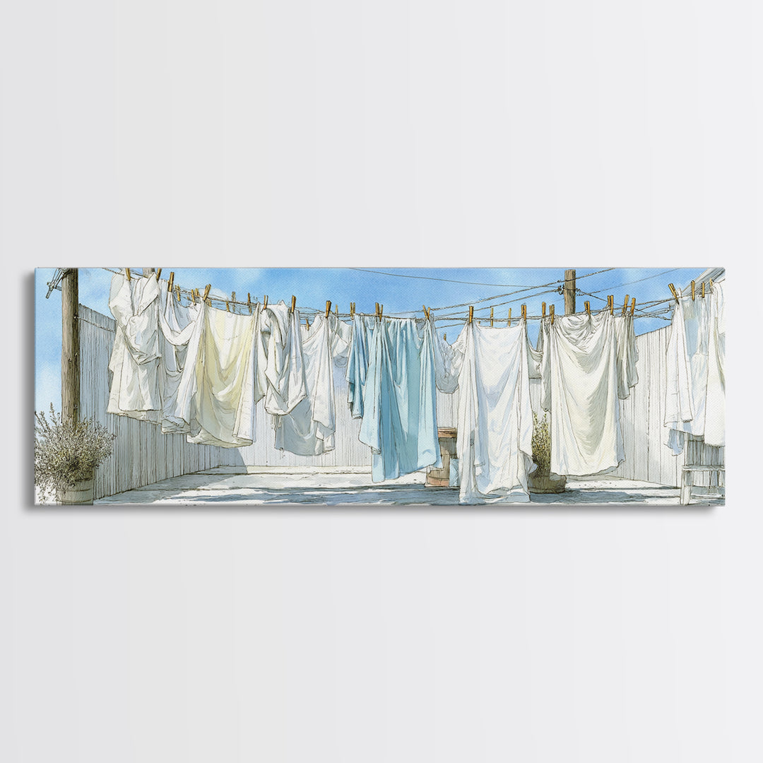 Simple Line Drawing of Hanging Laundry Framed Canvas Print, Laundry Room Art, Textured Painting, Living Room Decor, Clean, LRA-3x1-56