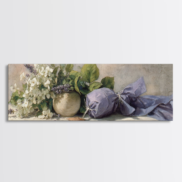 Lavender Sachet and Ribbon Still Life Framed Canvas Print, Laundry Room Art, Farmhouse Wall Art, Living Room Decor, Clean, LRA-3x1-57