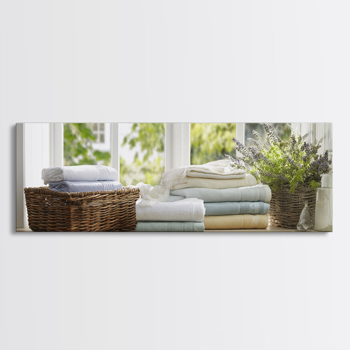 Basket of Folded Towels Canvas Print, Laundry Room Art, Farmhouse Wall Art, Living Room Decor, Fine Art, Clean, Fine Art Print, LRA-3x1-6