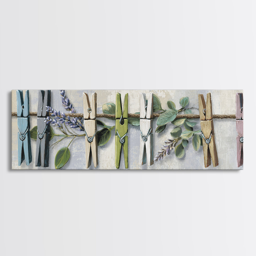 Clothespin Bouquet in Folk Art Style Framed Canvas Print, Laundry Room Art, Boho Decor, Living Room Decor, Fine Art, Clean, LRA-3x1-60